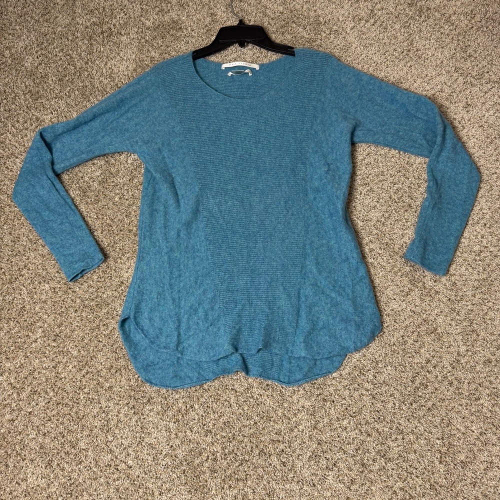 Max Studio Women Blue 100% Cashmere Crew Neck Ribbed High Low Sweater Size L